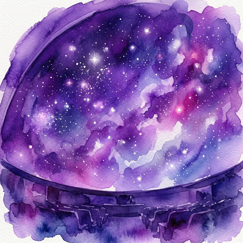 Ilustracja akwarelowa kopuły planetarium z gwiaździstym niebem, mgławicami i miejscami siedzącymi, przywołująca wrażenie kosmicznej podróży.