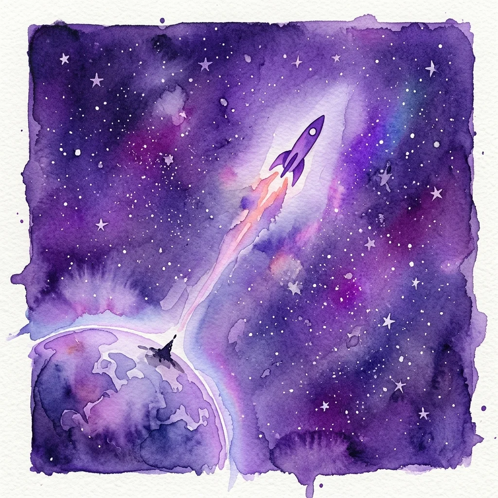 Una ilustración en acuarela de un cohete lanzándose al espacio, con la Tierra visible debajo y estrellas esparcidas por un fondo cósmico morado.