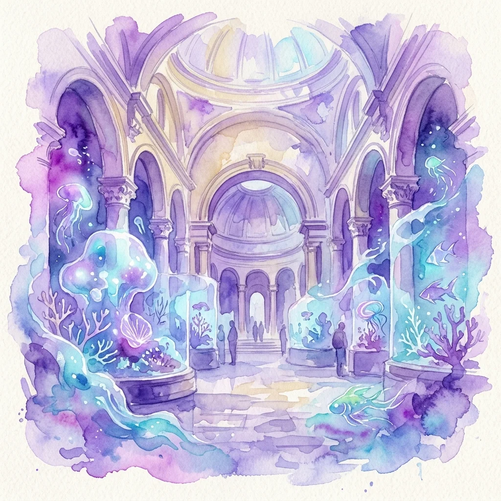 Akwarelowa ilustracja wielkiej sali muzealnej przekształconej w fantastyczne akwarium ze świecącymi zbiornikami, meduzami i motywami wodnymi na wystawę We, Water Beings.
