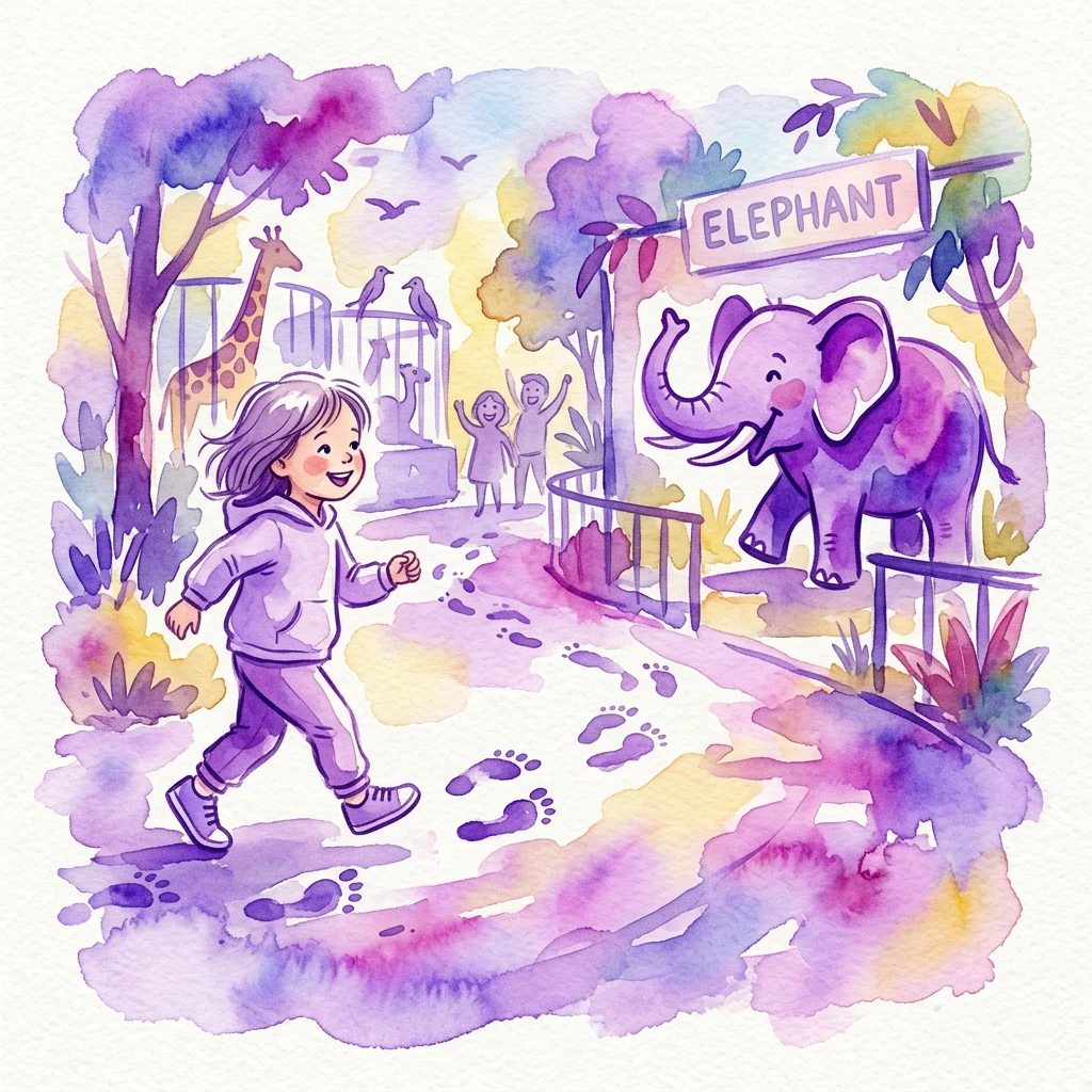 Een kind volgt voetstappen naar een gestileerde paarse olifant in een dierentuin, onderdeel van de educatieve activiteit 'Expeditie olifant'.