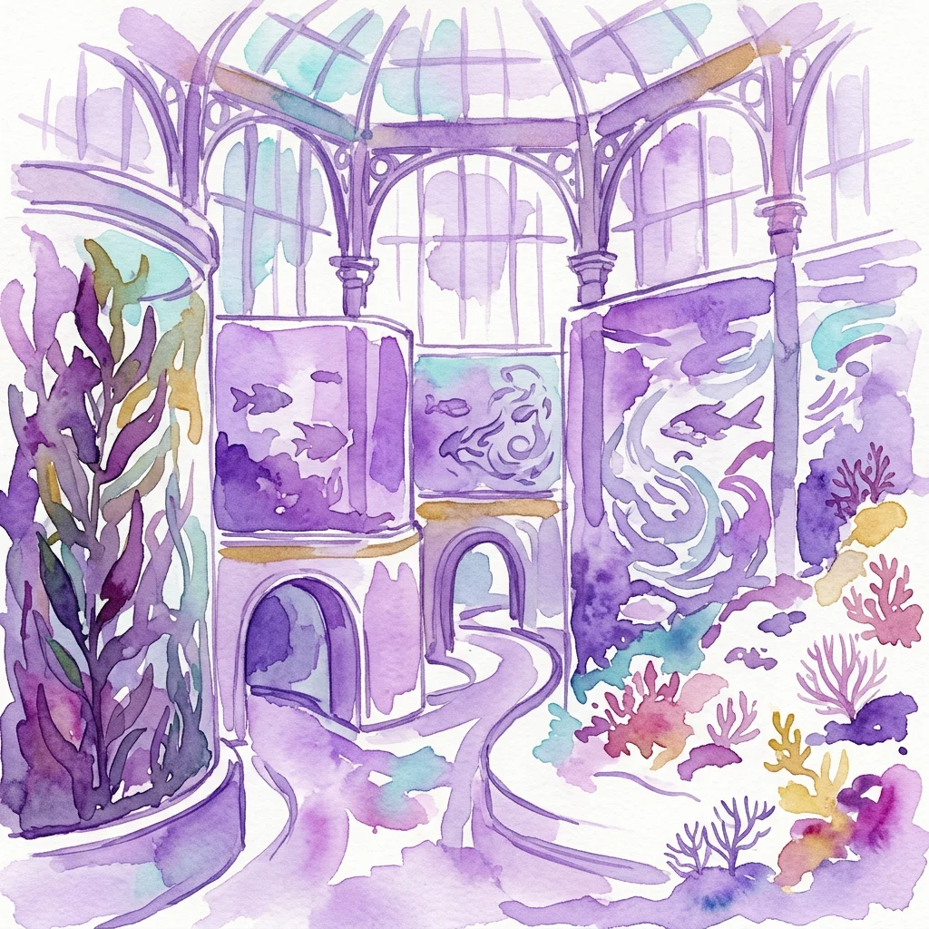 Una ilustración en acuarela del Acuario ARTIS restaurado, que exhibe su histórica arquitectura de vidrio y hierro con vibrante vida marina, incluyendo peces, corales y algas, fusionando el diseño del siglo XIX con ecosistemas acuáticos modernos.