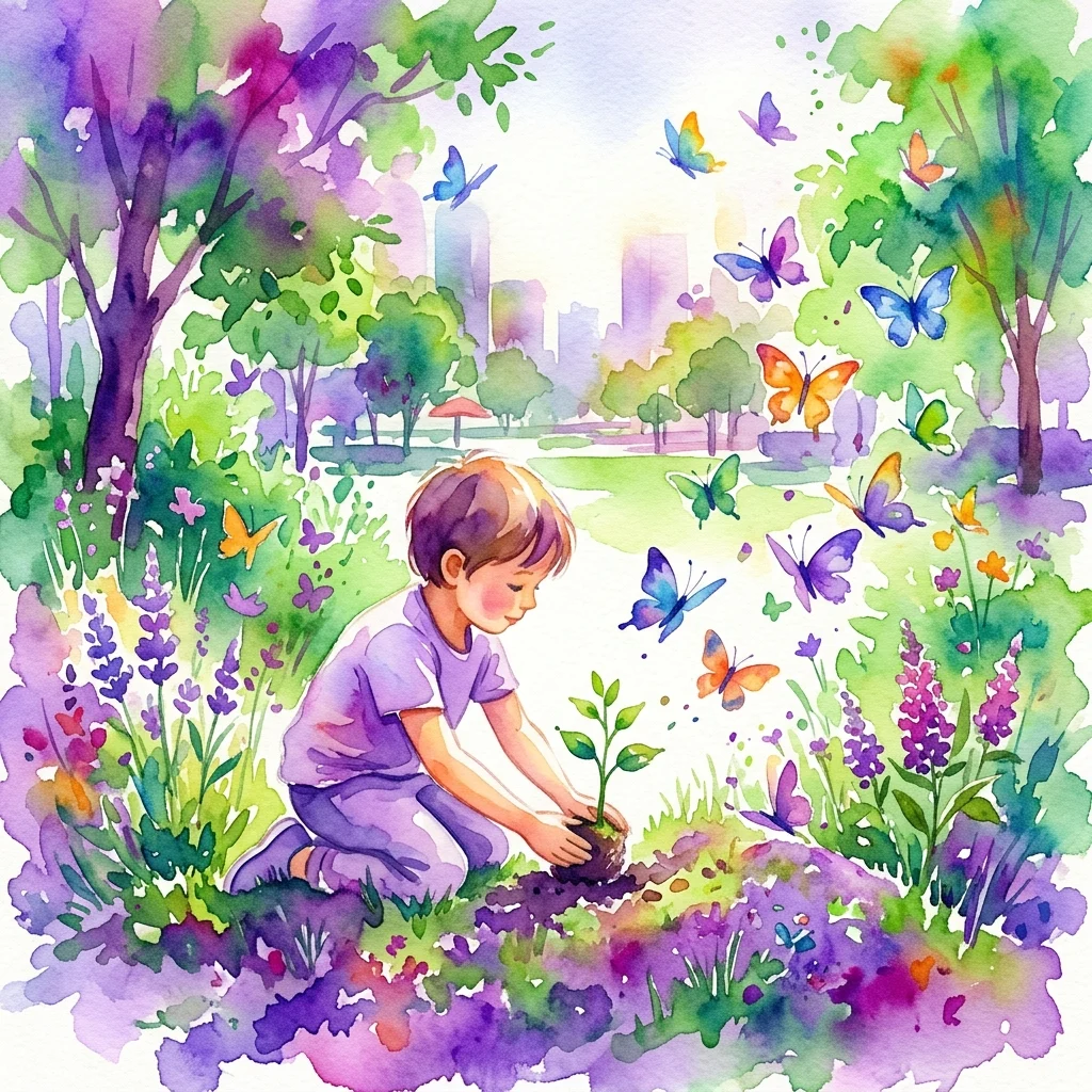 Un niño plantando una plántula en un jardín vibrante con mariposas de colores volando alrededor, simbolizando la conservación y los espacios verdes urbanos.