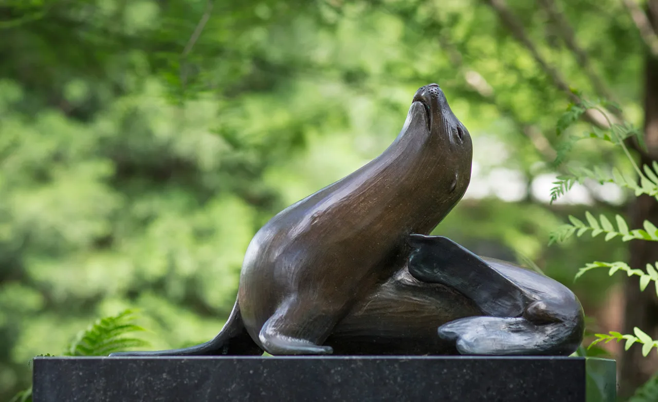 Bronze sculpture of two sea lions on a dark pedestal with green foliage in the background