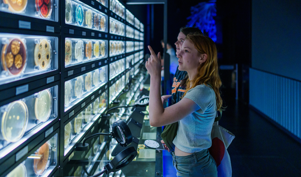 Dos visitantes examinando exhibiciones circulares iluminadas en una sala de exposiciones con poca luz. Una silla de ruedas es visible en primer plano con iluminación ambiental azul.