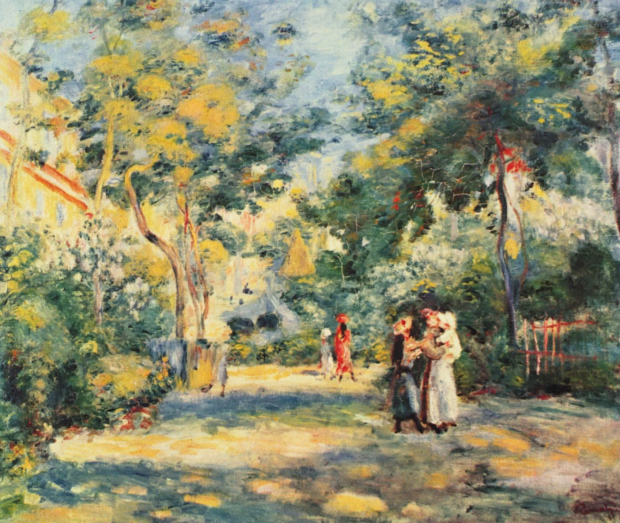 Impressionistisch schilderij van mensen die over een tuinpad wandelen, omringd door bomen met gefilterd zonlicht.