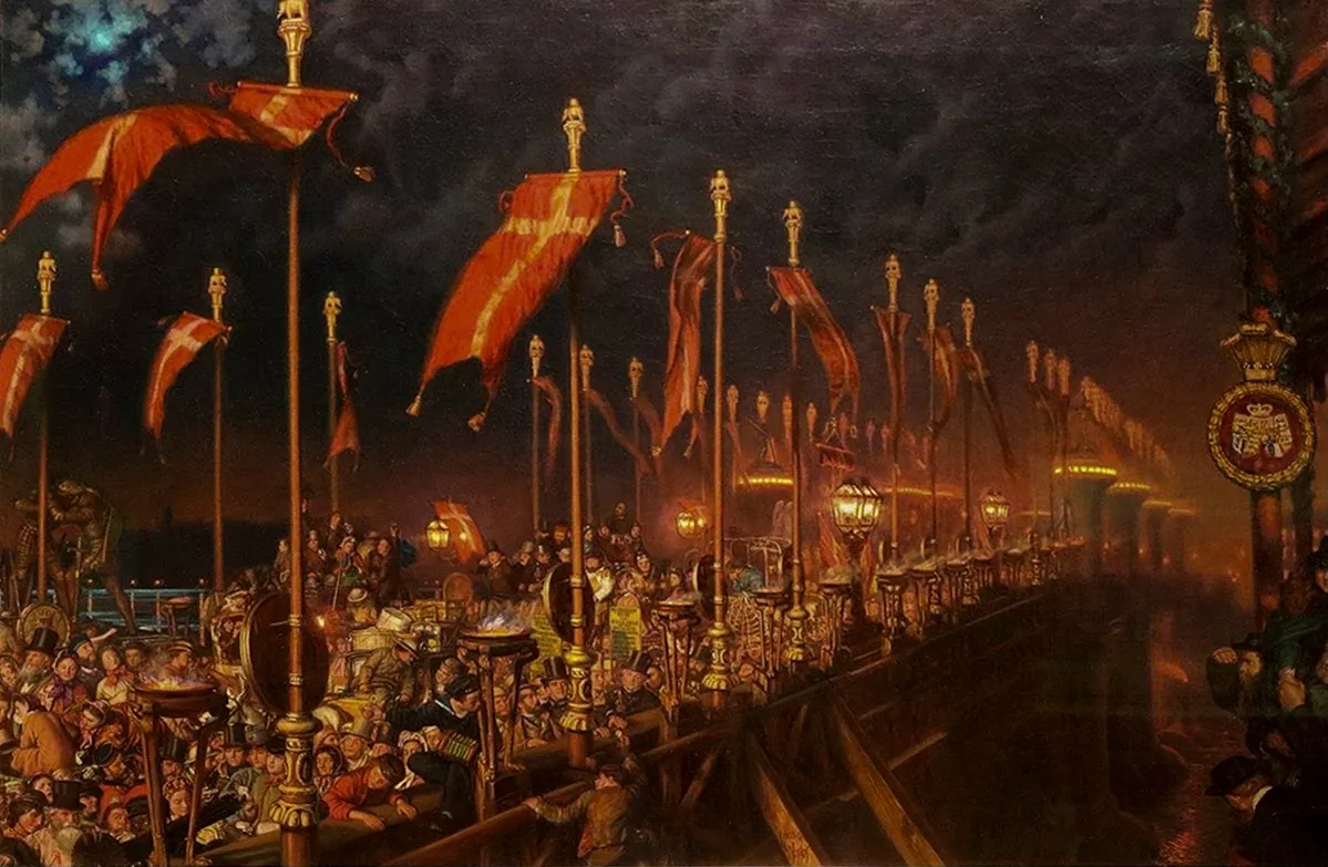 Obraz przedstawiający zatłoczony London Bridge w nocy z czerwonymi sztandarami na wysokich słupach, świecącymi latarniami gazowymi i tłumami świętującymi pod ciemnym niebem