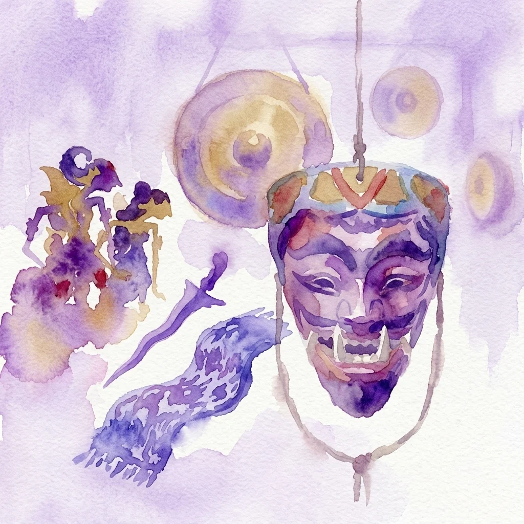 Ilustración en acuarela de artefactos culturales indonesios, que incluyen una marioneta wayang, una daga kris y una máscara ceremonial, sobre un fondo morado y dorado.