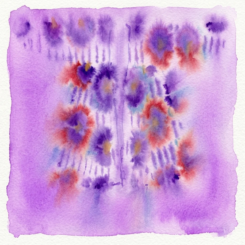 Una acuarela con motivos florales abstractos en púrpura, rojo y azul sobre un fondo de papel texturizado.
