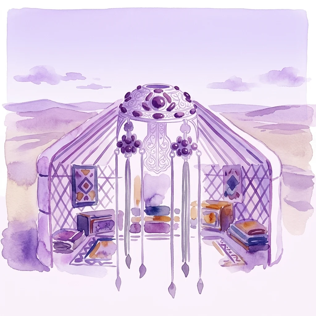 Una ilustración en acuarela de una yurta tradicional mongola con mobiliario interior intrincado, situada en un vasto paisaje árido bajo un cielo despejado.