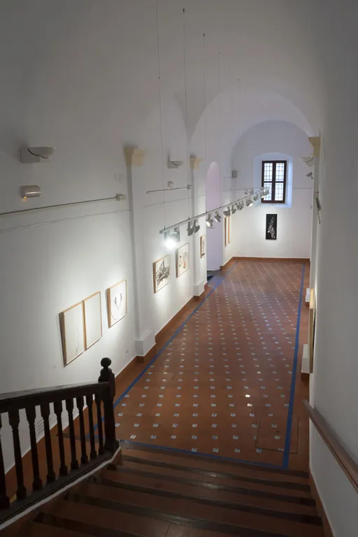 Largo pasillo interior con techos abovedados blancos, obras de arte enmarcadas en las paredes, suelo de baldosas de terracota estampadas, iluminación de riel y una barandilla de madera en primer plano