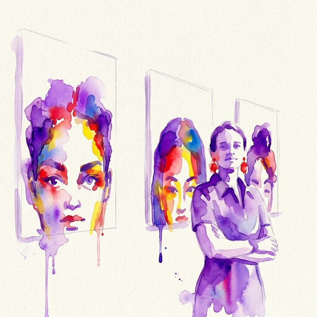 Ilustración en acuarela de una mujer de pie en una galería observando tres vibrantes retratos abstractos con efectos de pintura goteante, que representan la exposición Migrant Gazes.
