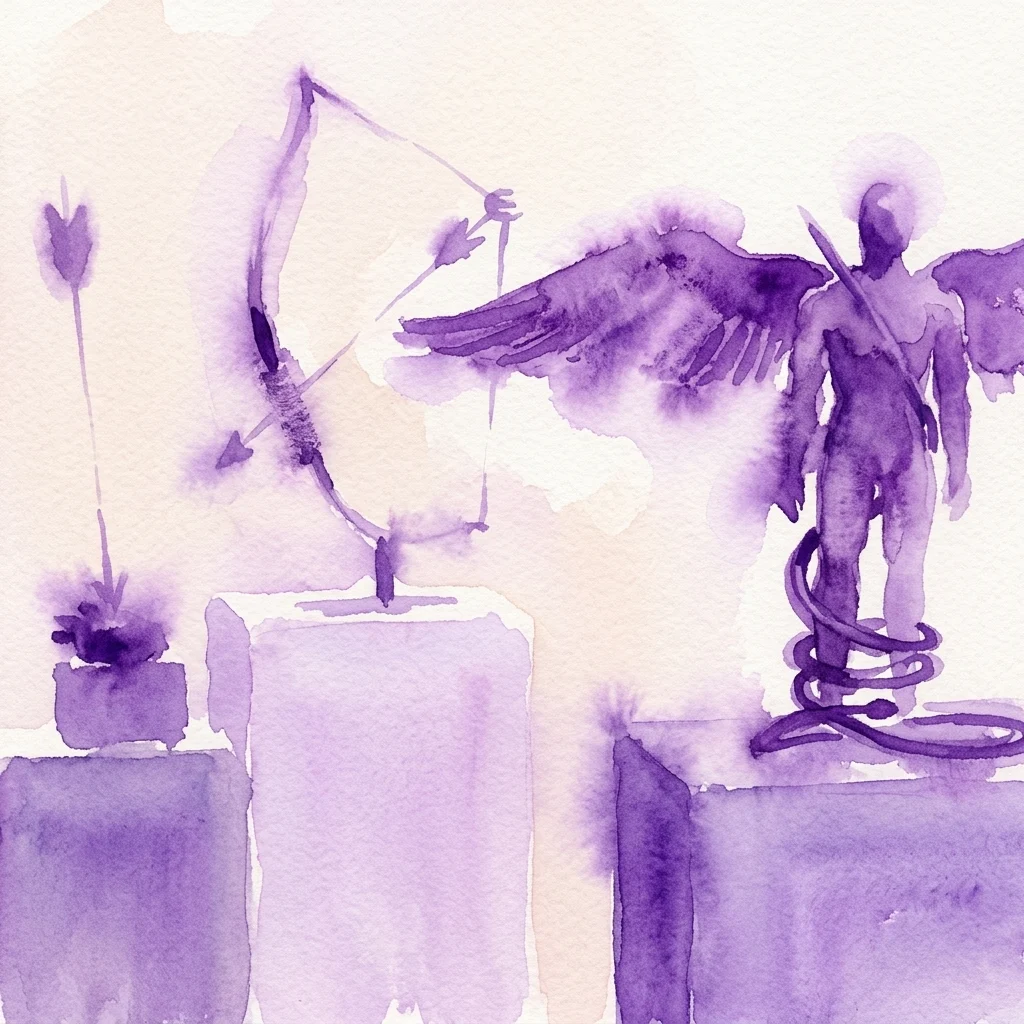 Ilustración en acuarela morada de tres esculturas sobre pedestales: una planta en maceta, un arco y una flecha, y una figura alada con una serpiente enroscada alrededor de sus piernas.