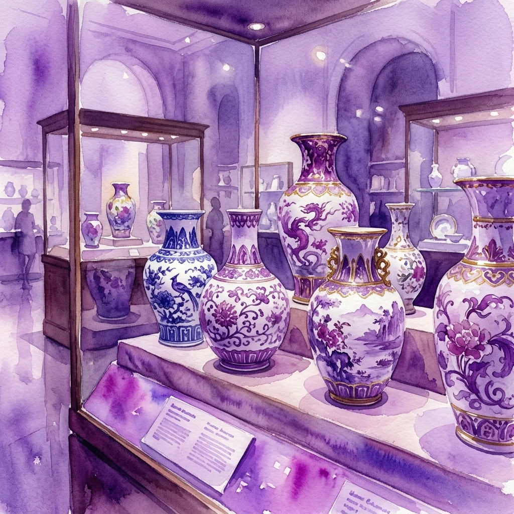 Ornados jarrones de porcelana con intrincados diseños florales y de paisajes expuestos en una galería de museo con iluminación suave y tonos púrpuras.