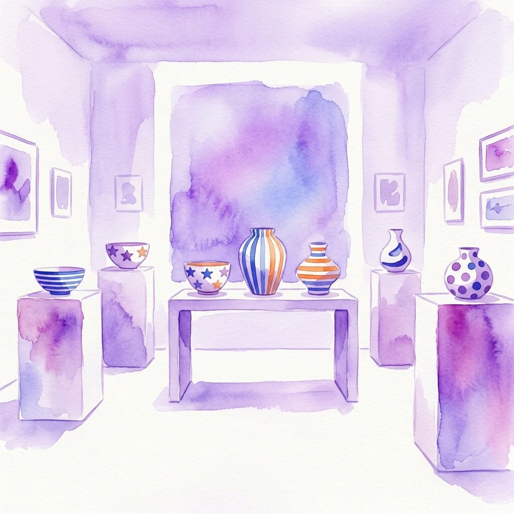 Una ilustración en acuarela de una exposición de porcelana moderna con patrones geométricos como rayas, estrellas y puntos en colores llamativos, expuesta en una galería minimalista.