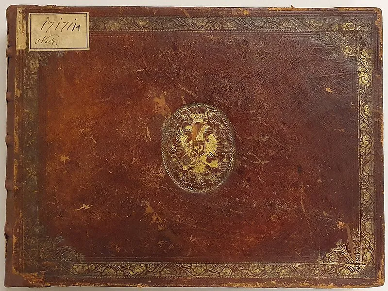 cubierta de libro de cuero marrón con borde en relieve dorado y emblema central