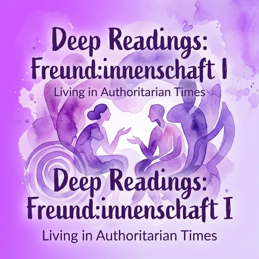 Un gráfico de acuarela morada para el taller 'Deep Readings: Freund:innenschaft I', con siluetas de personas conversando, parte del programa 'Living in Authoritarian Times'.
