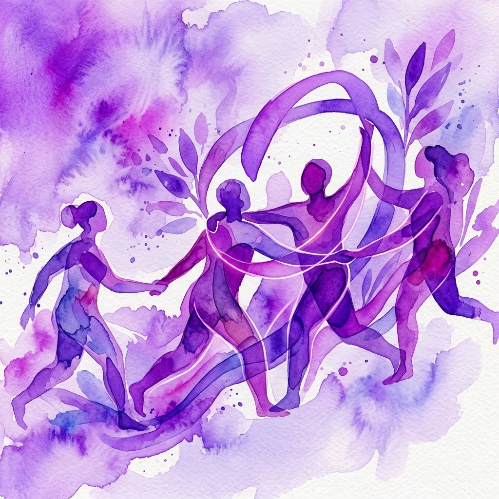 Abstract watercolor illustration of interconnected human figures in purple and blue hues, symbolizing solidarity and friendship, used as promotional art for the exhibition 'Deep Readings: Freund:innenschaft II'.