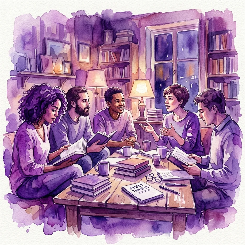 Ilustracja akwarelowa przedstawiająca różnorodne osoby dyskutujące i czytające przy stole, z książkami, notatnikiem z napisem 'SHARED THOUGHTS' oraz przytulnym, wypełnionym książkami pokojem.