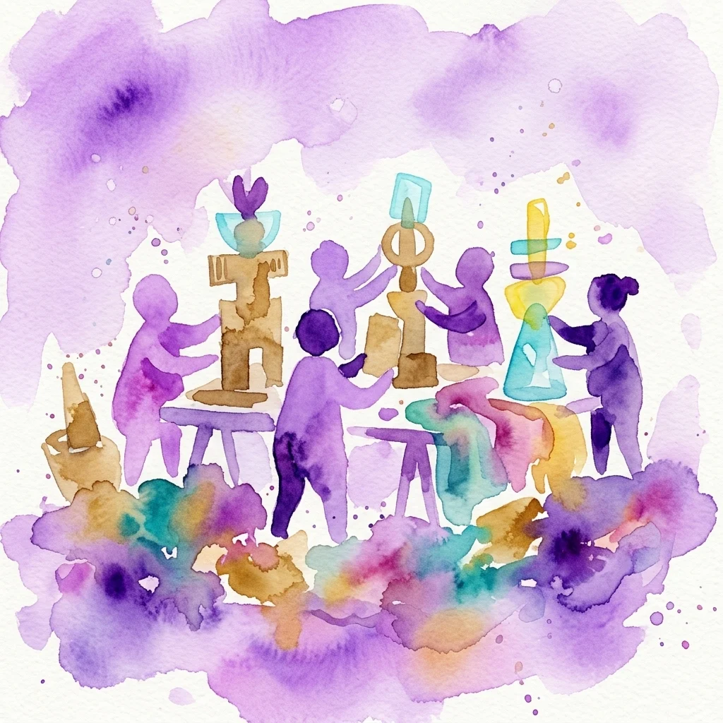 A watercolor illustration of children creating colorful totems and sculptures from recycled materials in a whimsical workshop setting.