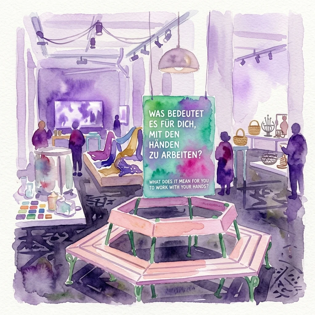 Watercolor illustration of the 'Dings happen' exhibition at Volkskundemuseum, featuring handmade crafts, a central interactive structure, and a sign asking 'What does it mean for you to work with your hands?'