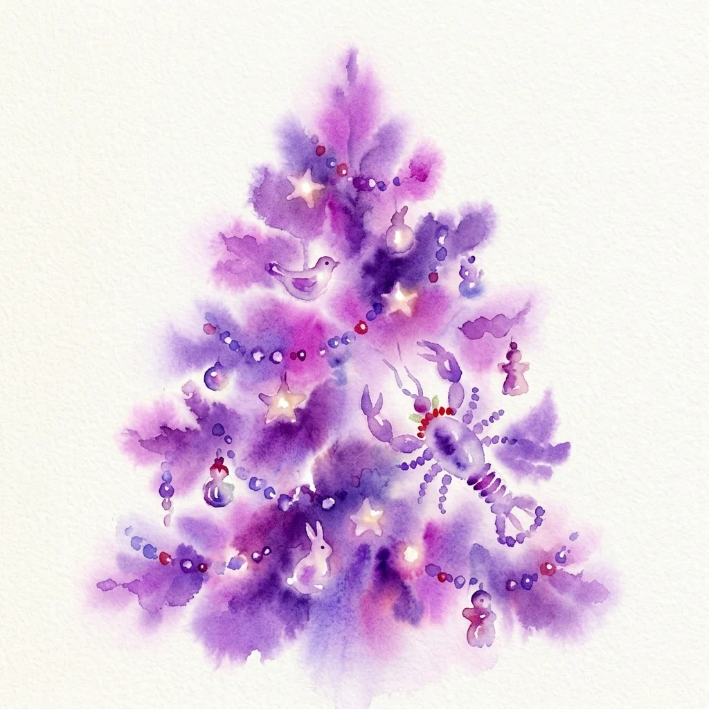 Watercolor illustration of a Christmas tree decorated with glass bead ornaments shaped like stars, birds, a crab, and a rabbit, in purple and pink hues.