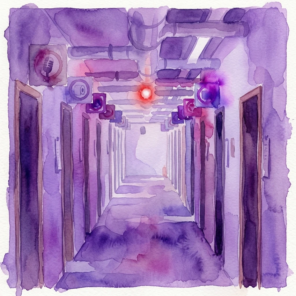 Een aquarelillustratie van een schemerige, paars getinte gang in een historische luchtdoorgangsbunker, met utilitaire deuren, zichtbare leidingen en moderne kunstinstallaties, waaronder een rood licht en symbolische iconen.