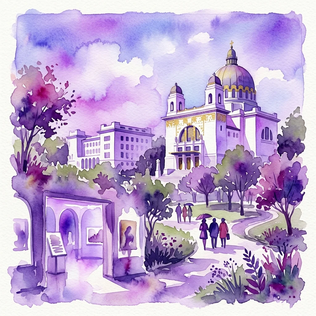 Ilustracja akwarelowa Otto Wagner Areal, przedstawiająca modernistyczne budynki, wielką kopulastą katedrę oraz zwiedzających spacerujących po parku i przestrzeni wystawienniczej.