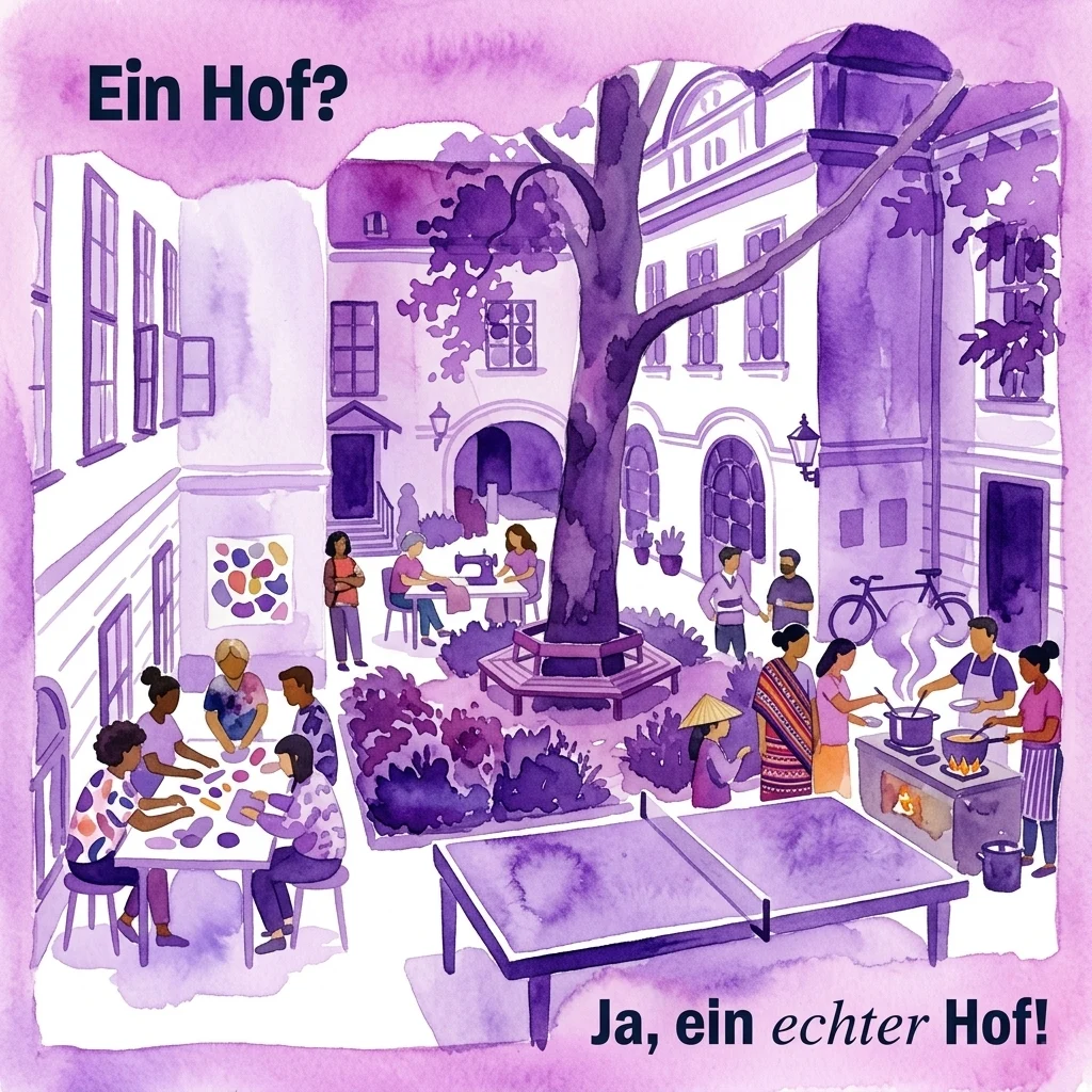 Illustration of a vibrant courtyard with diverse people engaged in crafting, cooking, and social activities, representing the Hof der Kulturen project at the Austrian Museum of Folk Life and Folk Art.