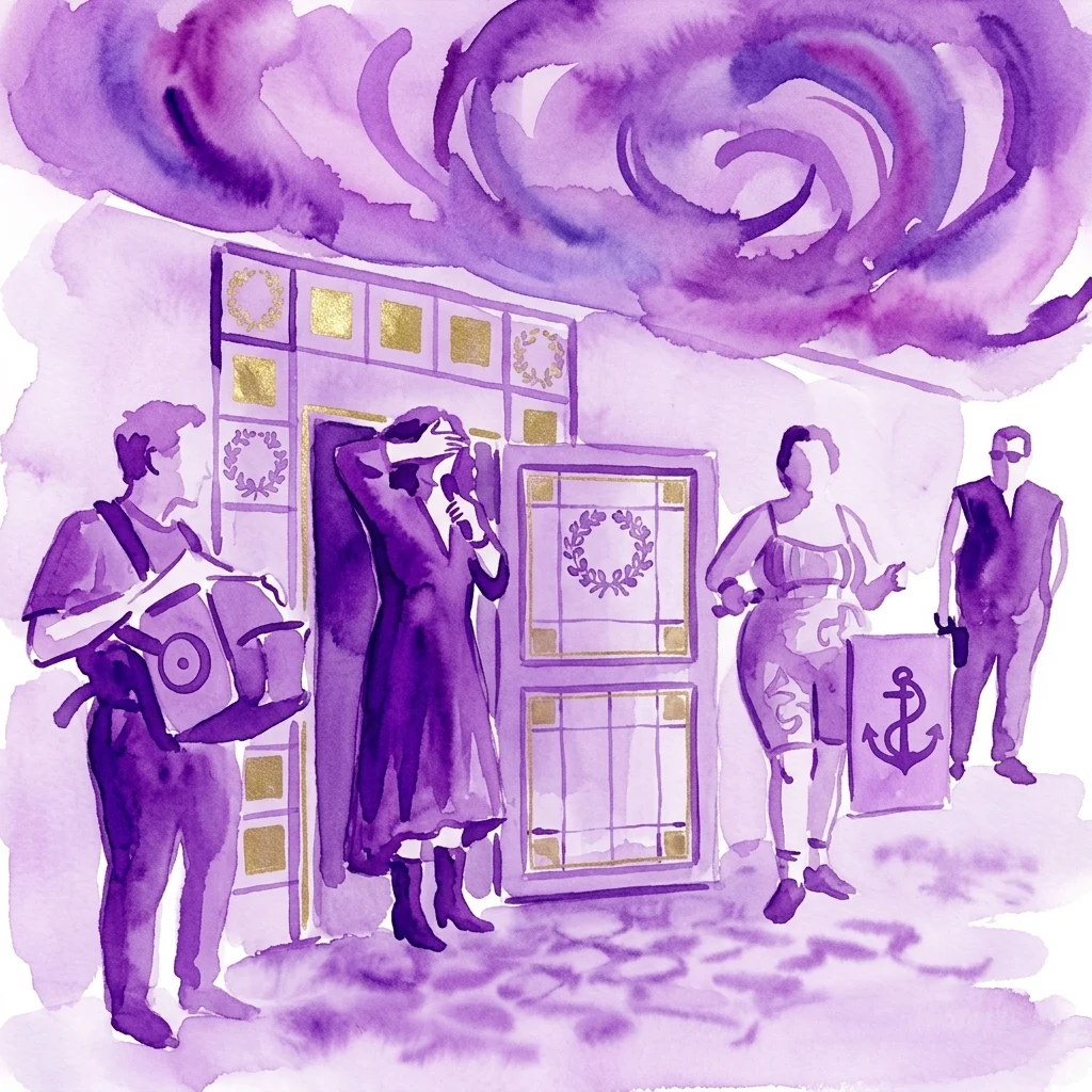 Ilustracja akwarelowa przedstawiająca scenę teatralną z różnorodnymi postaciami przed budynkiem o architekturze w stylu Otto Wagnera, pod wirującym fioletowym niebem, ukazująca wydarzenie „LASST ALLE HOFFNUNG FAHREN!” Mysterienspiele w Wiedniu.