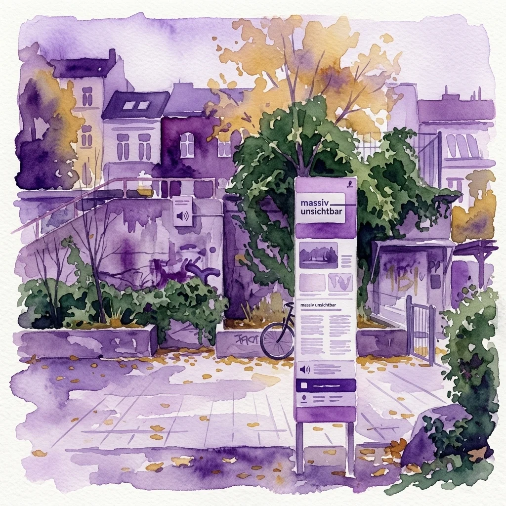Ilustracja akwarelowa publicznego znaku informacyjnego projektu „massiv unsichtbar” w parku, z betonowym bunkrem częściowo ukrytym wśród liści i rowerem w pobliżu.