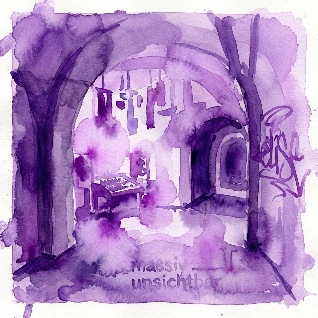A purple watercolor illustration of an air-raid shelter interior with arches, hanging objects, and a keyboard instrument, representing the 'massiv unsichtbar' research and memory project.