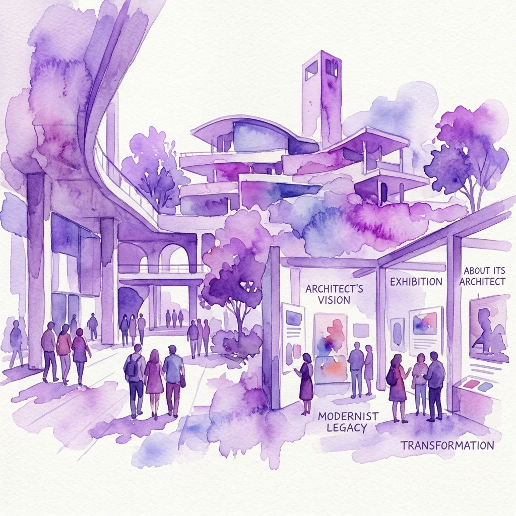 Watercolor illustration of the Otto Wagner Areal, showcasing modernist architecture and an exhibition on Otto Wagner's legacy, with visitors exploring displays on transformation and architectural vision.