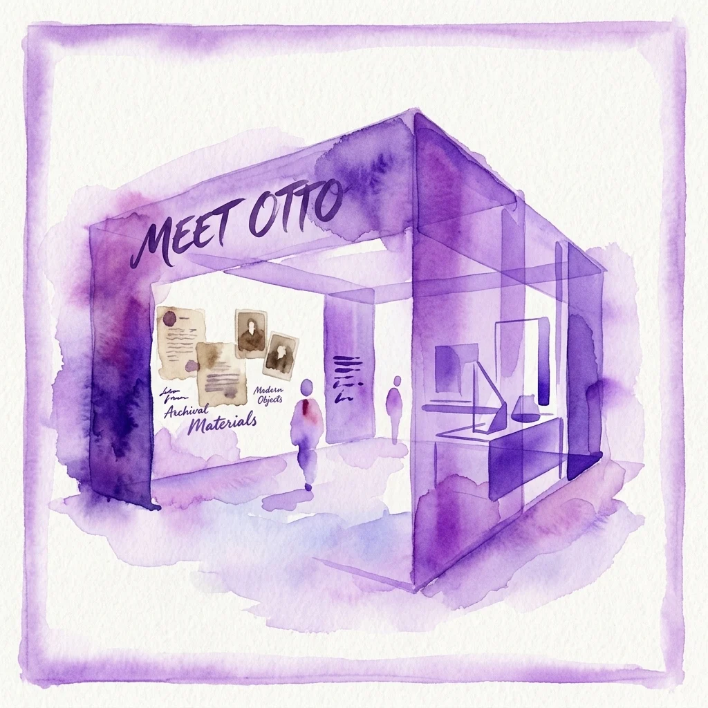Ilustracja akwarelowa pawilonu wystawowego 'Meet Otto', prezentująca materiały archiwalne i współczesne obiekty, podkreślająca transformację Otto Wagner Areal z szpitala w centrum kultury.