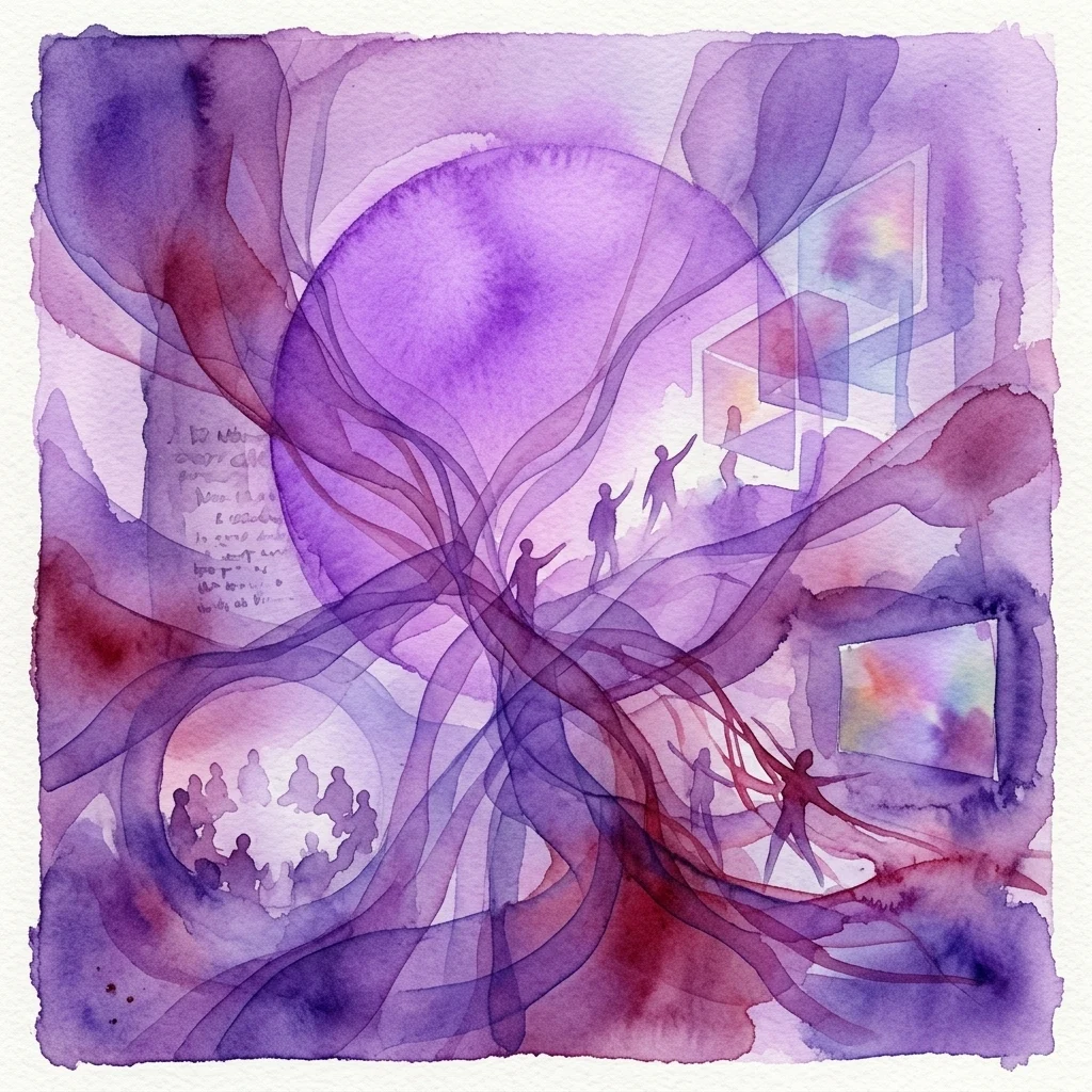 A watercolor artwork depicting abstract figures in a purple and red haze, representing a conceptual 'rave' event exploring escape into alternative futures through discussion, film, and performance.
