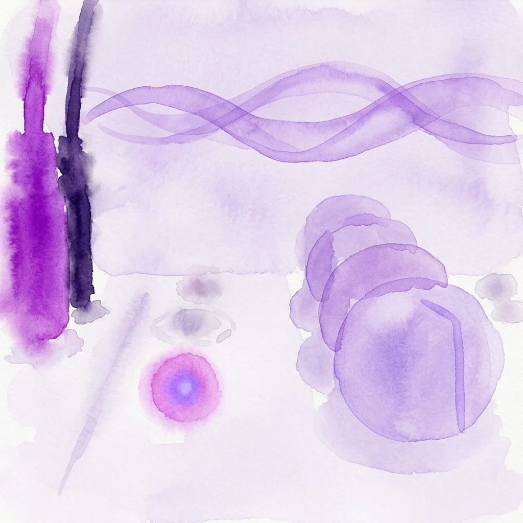 Abstract watercolor artwork in purple and lavender tones, featuring flowing waves, circular forms, and geometric shapes, evoking electronic music and sound waves.