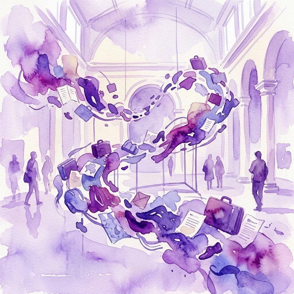 A watercolor illustration of a museum gallery with a dynamic art installation featuring floating suitcases, documents, and silhouetted figures, representing themes of migration and cultural exchange.