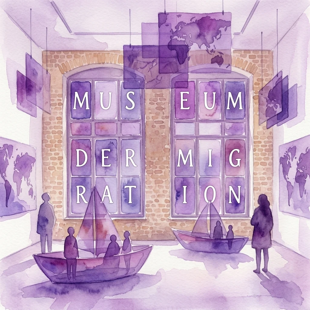 Ilustración en acuarela de la exposición MUSMIG-Raum en el Volkskundemuseum Wien, con siluetas de personas en barcos, mapas del mundo y las palabras 'MUSEUM DER MIGRATION' en las ventanas, simbolizando temas de migración.