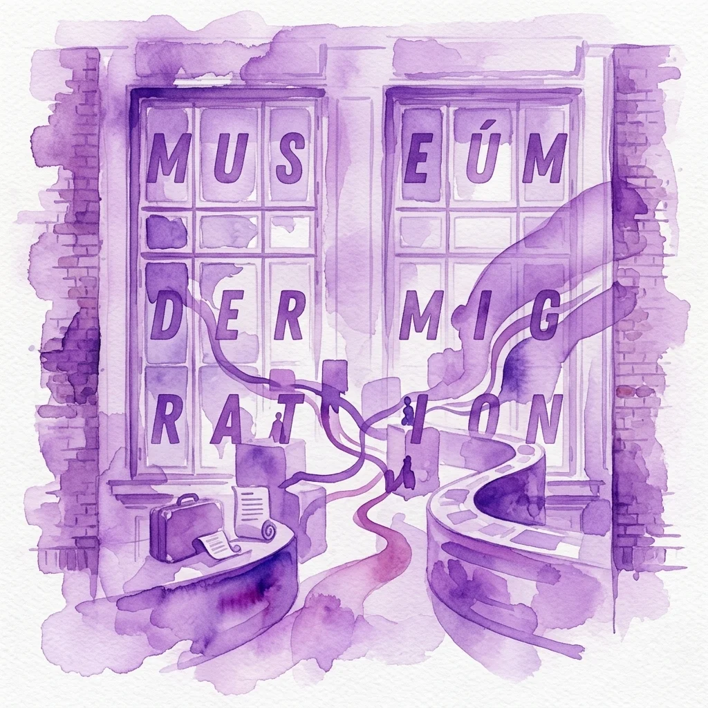 Fioletowa akwarelowa ilustracja MUSMIG-Raum, koncepcyjnej przestrzeni do myślenia dla Muzeum Migracji, zawierająca słowa 'Museum der Migration' w scenerii galerii z artefaktami i interaktywnymi wystawami.