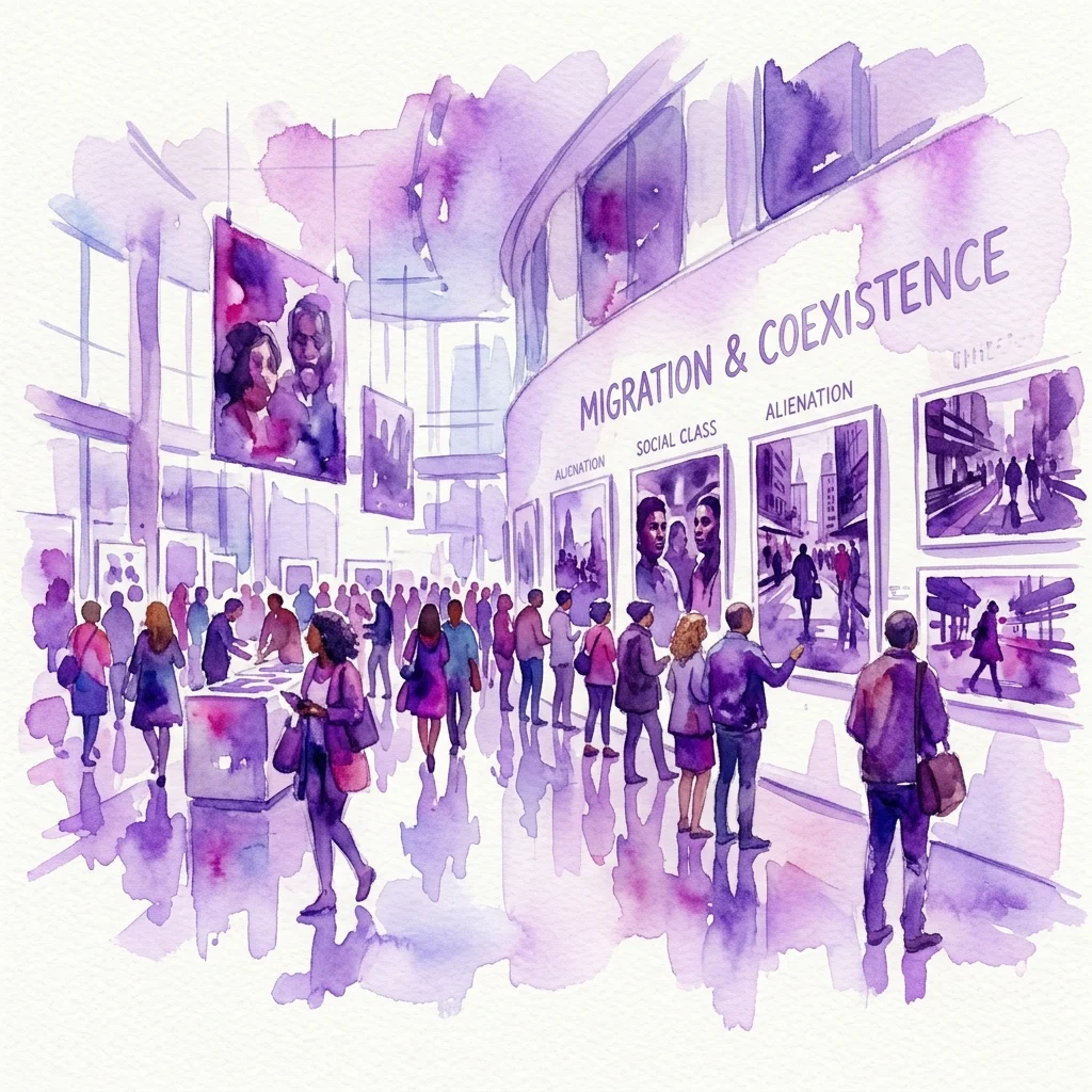 Waterverfillustratie van een tentoonstellingsgalerie met bezoekers die tentoongestelde foto's bekijken. De gebogen muur toont de titel 'MIGRATION & COEXISTENCE' met onderverdelingen zoals 'SOCIAL CLASS' en 'ALIENATION'.
