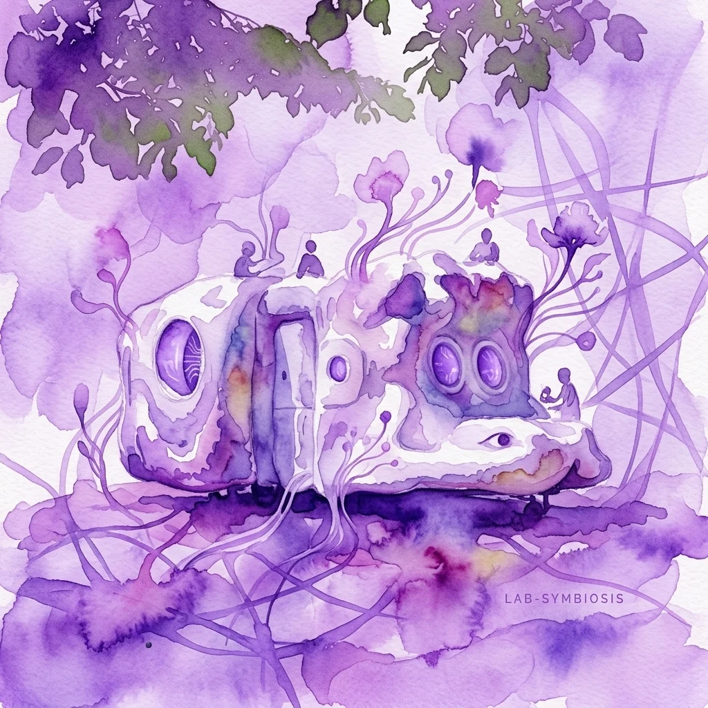 Een aquarelillustratie van een sculpturaal voertuig dat lijkt op een laboratorium, met organische vormen en paarse tinten, die het Terrestrial Consciousness Research Station van Stephanie Winter & SALON HYBRID voorstelt.
