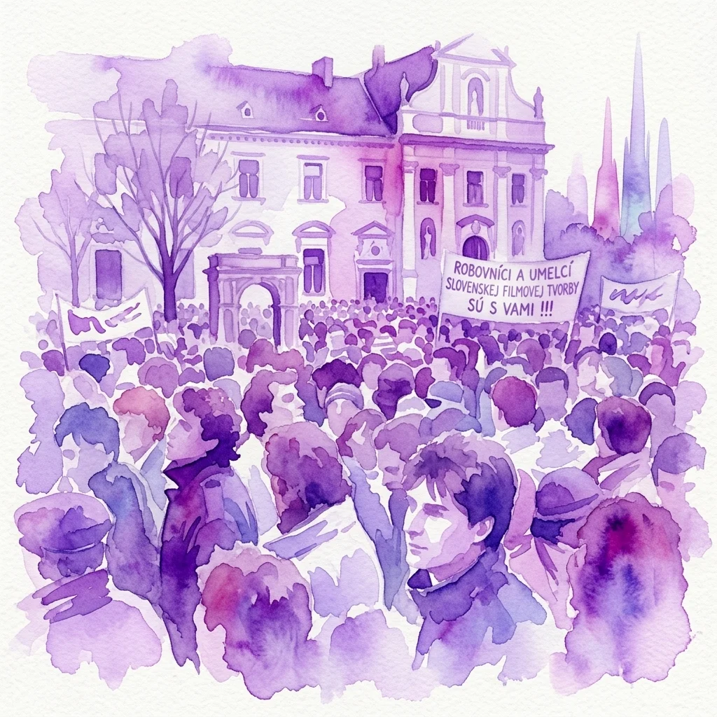 A purple watercolor illustration of a crowd gathered in a public square, holding banners with Czech text, in front of a classical building, depicting a civic protest or demonstration.