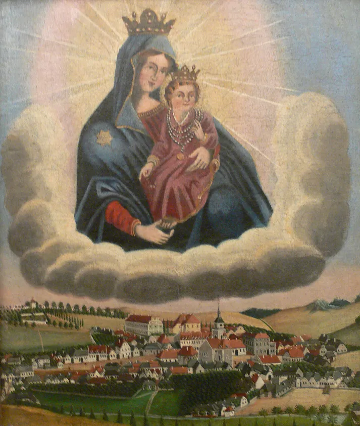 Obraz Matki Boskiej z dzieciątkiem na tle wiejskiego krajobrazu