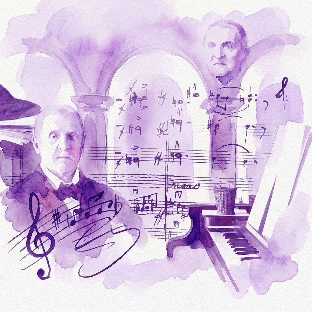 Waterverfillustratie van Anton Bruckner met muziekpartituren en een piano, ter herdenking van zijn 200e verjaardagsexpositie in de Oostenrijkse Nationale Bibliotheek.