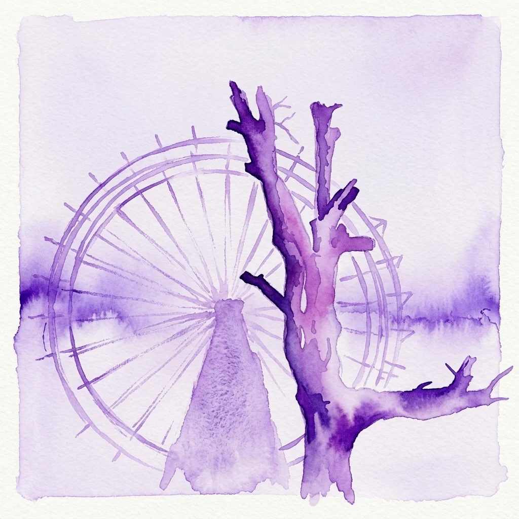 Een paars aquarel van een kale boom op de voorgrond met een groot reuzenrad op de achtergrond, wat een melancholieke en surrealistische sfeer oproept.