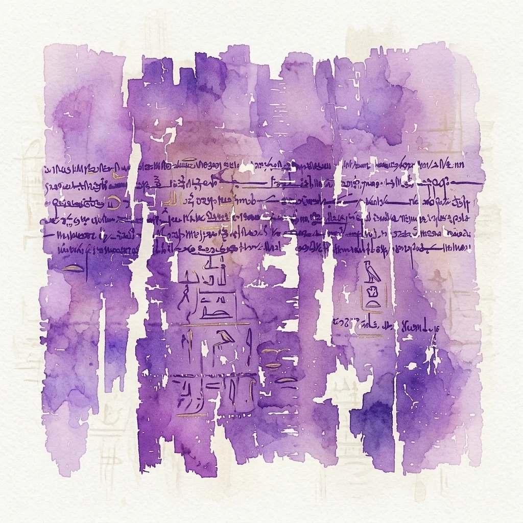 Een artistieke weergave van een oude Egyptische papyrusrol met hiëroglyfen en demotisch schrift, met paarse aquareleffecten en een getextureerde achtergrond, die de tentoonstelling 'Die Macht der Worte. Herrschaft und kulturelle Vielfalt im antiken Ägypten' voorstelt.