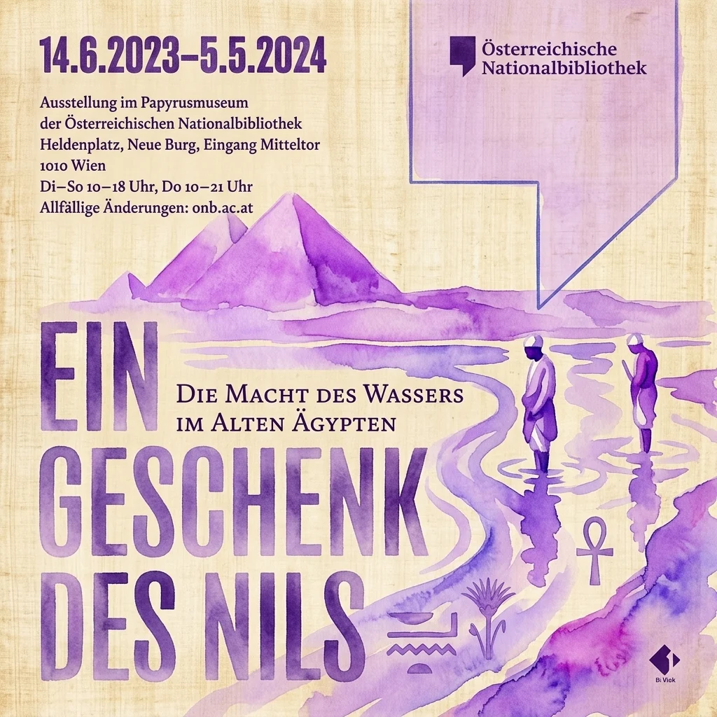Plakat w stylu staroegipskiego papirusu na wystawę 'Ein Geschenk des Nils. Die Macht des Wassers im Alten Ägypten' w Austriackiej Bibliotece Narodowej, zawierający fioletowe akwarelowe ilustracje Nilu, piramid i postaci.