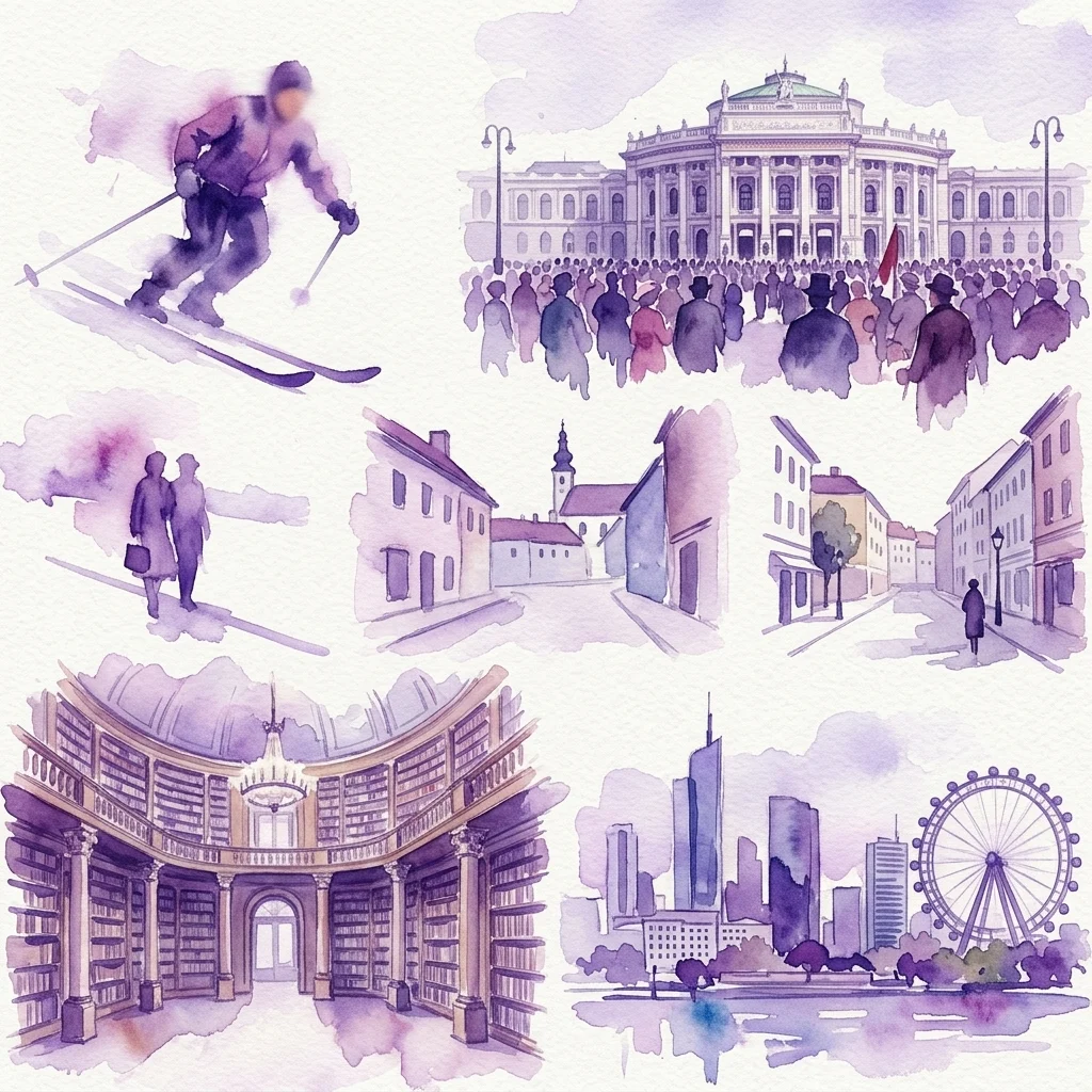 Un collage de acuarela de escenas austriacas que incluyen un esquiador, una gran biblioteca, una plaza de la ciudad con una multitud, edificios históricos y un horizonte moderno con una noria, que representa un siglo de historia austriaca de 1925 a 2025.