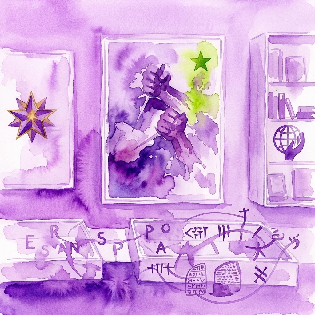 Una ilustración abstracta en acuarela de la exposición del Museo Esperanto, con elementos simbólicos como una estrella verde, puños, un globo terráqueo y fragmentos de texto, que evocan la historia y la filosofía del idioma construido.