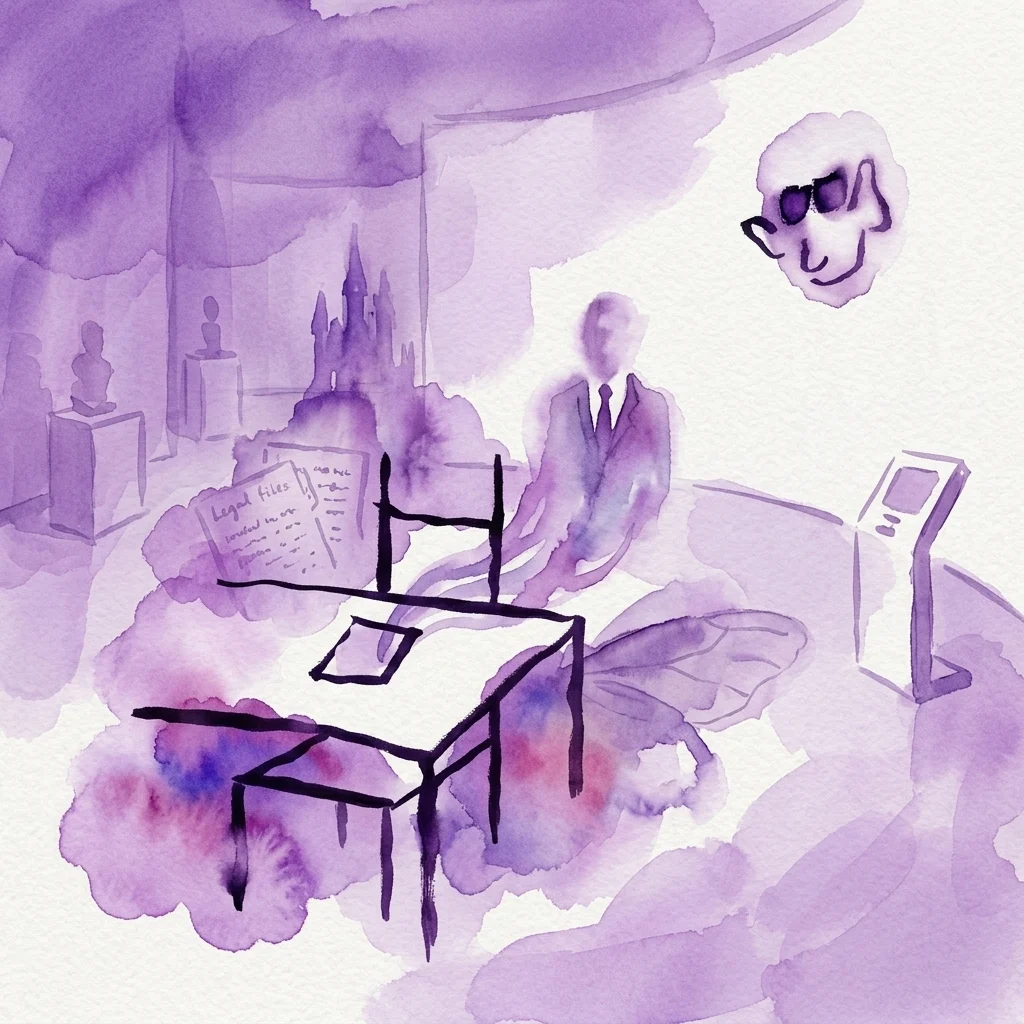 Een surrealistische aquarelillustratie in paarse tinten die een museuminterieur weergeeft met een zwevend hoofd met zonnebril, een figuur in een pak en een tafel met juridische dossiers, die de literaire thema's van Franz Kafka oproepen.
