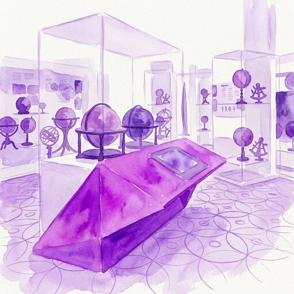 Una ilustración en acuarela del interior del Globe Museum, que presenta globos terrestres y celestes históricos, instrumentos astronómicos y vitrinas, transmitiendo curiosidad científica y exploración.